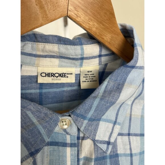 Cherokee Women’s 100% Linen‎ Button Up Blouse Blue Striped Women’s Sz 16W - Picture 2 of 6